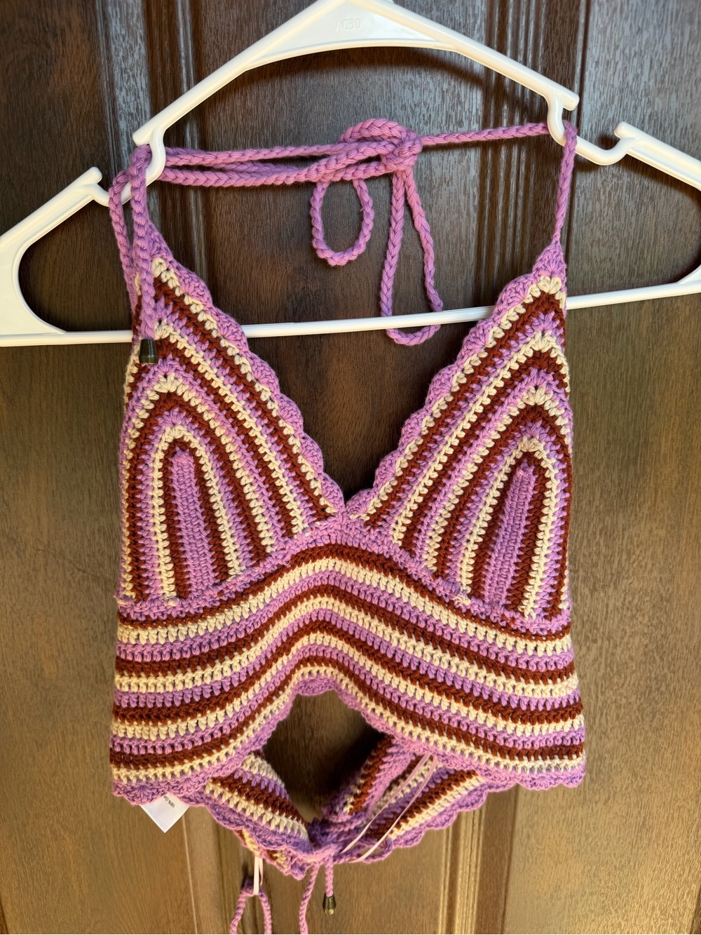 Astr Crochet Striped Halter Crop Top - Pink, Cream & Brown